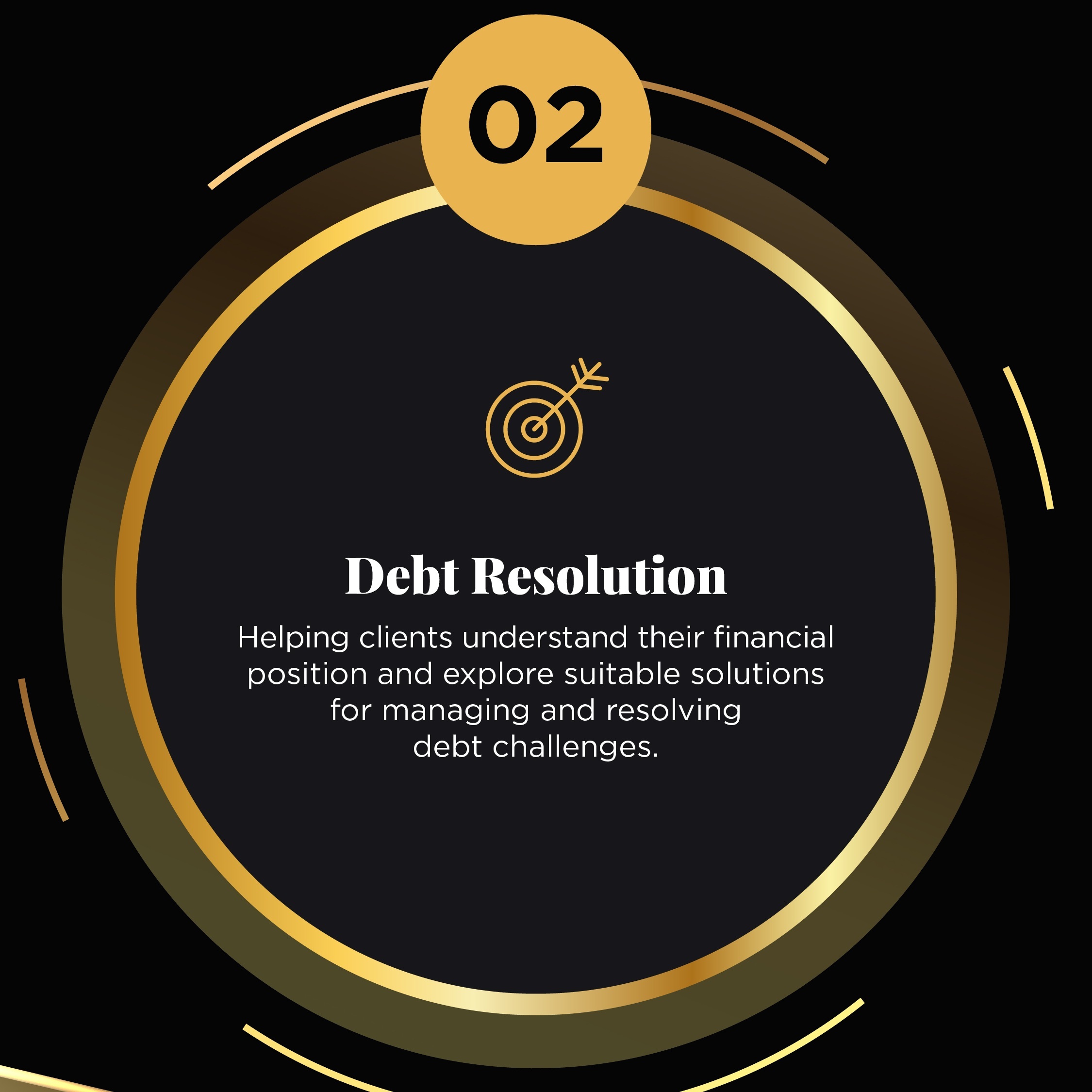 02: Debt Resolution. Helping clients understand their financial position and explore suitable solutions for managing and resolving debt challenges.